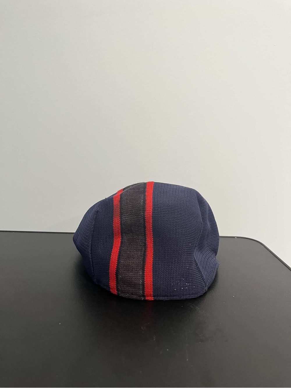 Kangol Navy Knit Cap with Black Center Stripe and Red Accents